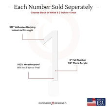 Load image into Gallery viewer, Discovered Designs Mailbox Number (White 3&quot; Number, 1) Premium 3D Acrylic Self Stick House Numbers for Outside Modern Address Numbers for Mailbox Numbers For Outside Modern Sticker