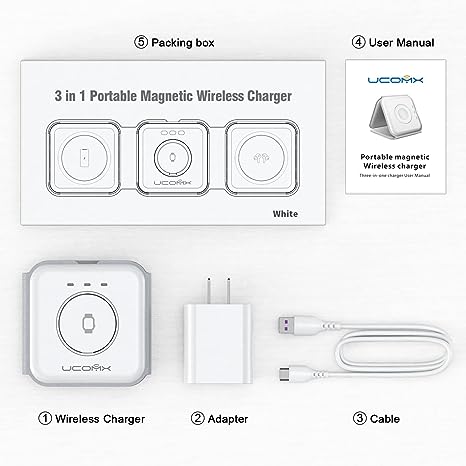 UCOMX Nano 3 in 1 Wireless Charger for iPhone,Magnetic Foldable 3 in 1 Charging Station,Travel Charger for Multple Devices for iPhone 15/14/13/12 Series,AirPods Pro,iWatch(Adapter Included)