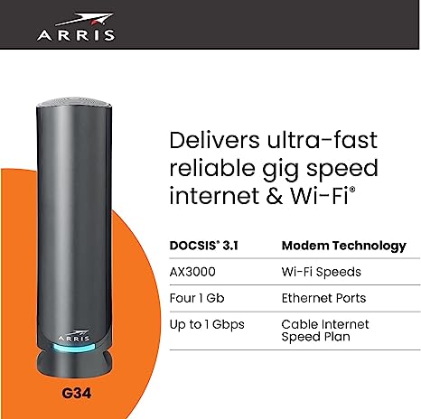 ARRIS Surfboard G34 DOCSIS 3.1 Gigabit Cable Modem & Wi-Fi 6 Router (AX3000) , Approved for Comcast Xfinity, Cox, Spectrum & More , Four 1 Gbps Ports , 1 Gbps Max Internet Speeds
