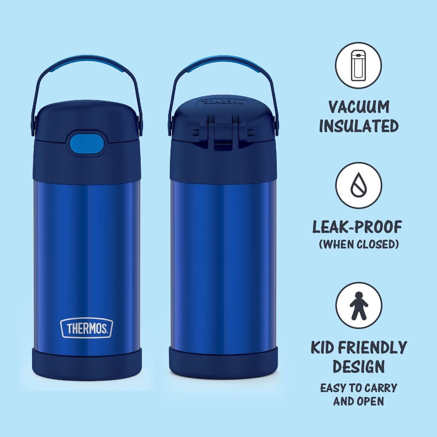 THERMOS FUNTAINER 12 Ounce Stainless Steel Vacuum Insulated Kids Straw Bottle, Blue