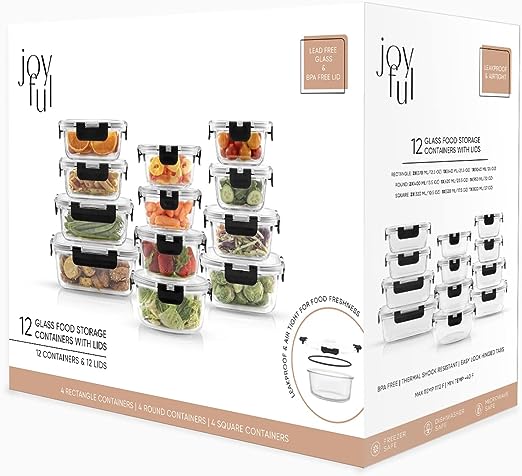 JoyJolt JoyFul 24pc Borosilicate Glass Storage Containers with Lids. 12 Airtight, Freezer Safe Food Storage Containers, Pantry Kitchen Storage Containers, Glass Meal Prep Container for Lunch