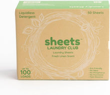 Load image into Gallery viewer, Sheets Laundry Club - As Seen on Shark Tank - Laundry Detergent - (Up to 100 Loads) 50 Laundry Sheets- Fresh Linen Scent - No Plastic Jug - New Liquid-Less Technology - Lightweight - Easy To Use