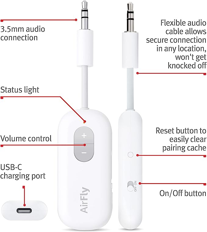 Twelve South AirFly SE, Bluetooth Wireless Audio Transmitter for AirPods/Wireless or Noise-Cancelling Headphones Use with Any 3.5 mm Audio Jack on Airplanes, Gym Equipment or iPad/Tablets