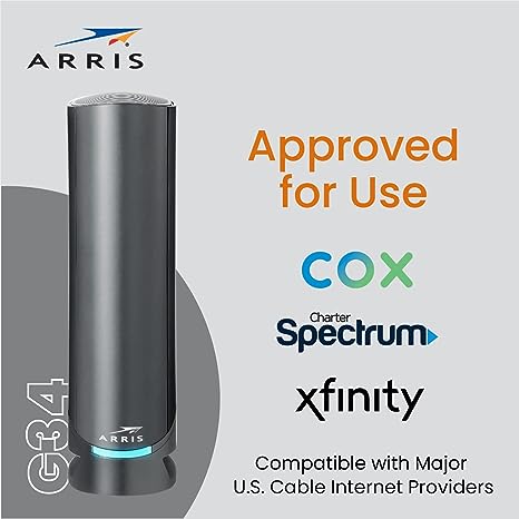ARRIS Surfboard G34 DOCSIS 3.1 Gigabit Cable Modem & Wi-Fi 6 Router (AX3000) , Approved for Comcast Xfinity, Cox, Spectrum & More , Four 1 Gbps Ports , 1 Gbps Max Internet Speeds