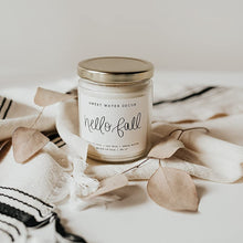 Load image into Gallery viewer, Sweet Water Decor Hello Fall Candle | Cinnamon, Apples, and Clove Autumn Scented Soy Candles for Home | 9oz Clear Jar, 40 Hour Burn Time, Made in the USA