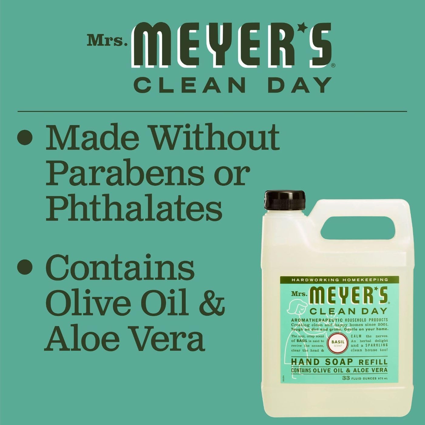 Mrs. Meyer's Hand Soap Refill, Made with Essential Oils, Biodegradable Formula, Basil, 33 fl. oz