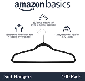 Amazon Basics Slim Velvet, Non-Slip Suit Clothes Hangers, Pack of 100, Black/Silver
