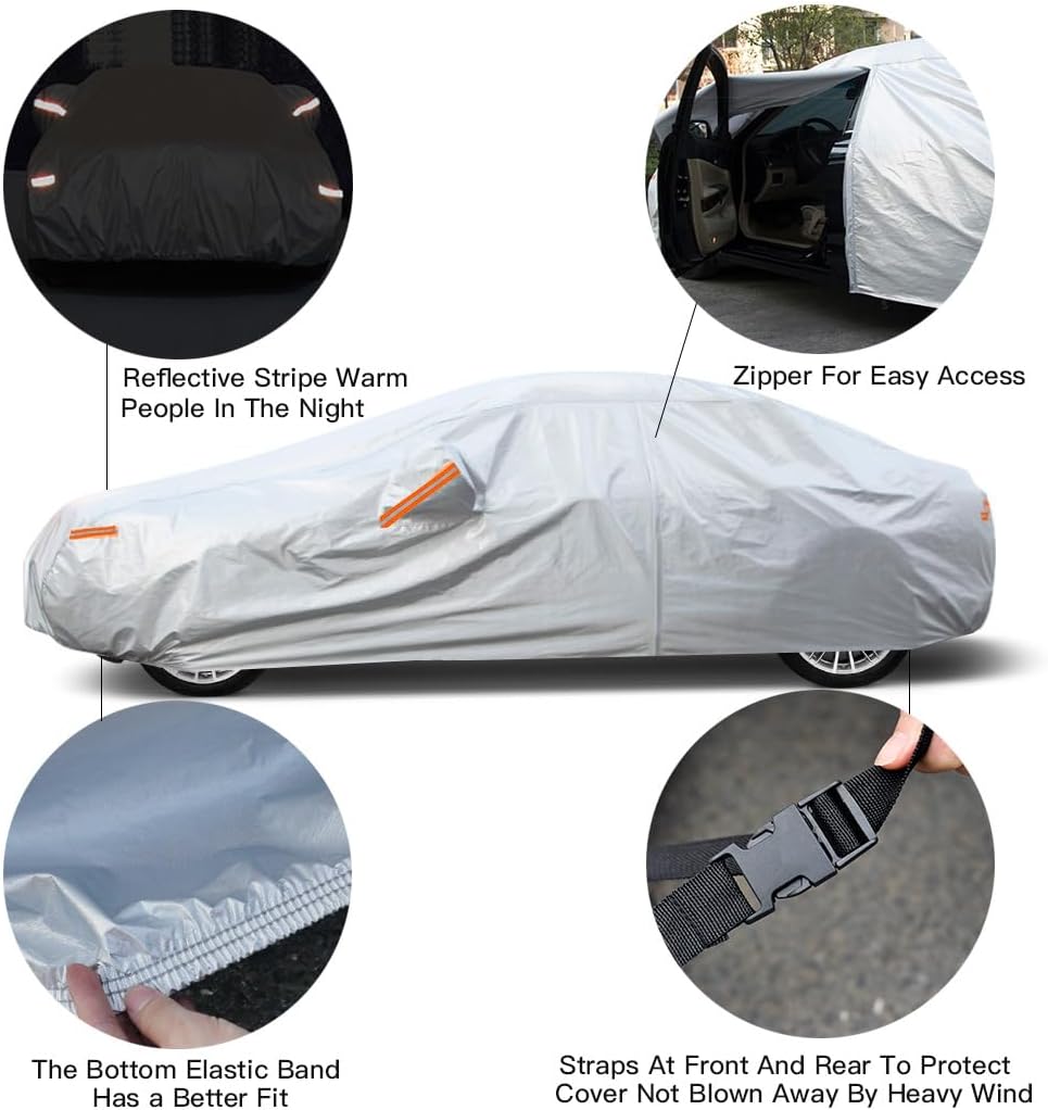 Kayme 6 Layers Car Cover Waterproof All Weather for Automobiles, Outdoor Full Cover Rain Sun UV Protection with Zipper Cotton, Size A2 3XL Universal Fit for Sedan (186-193 inch)