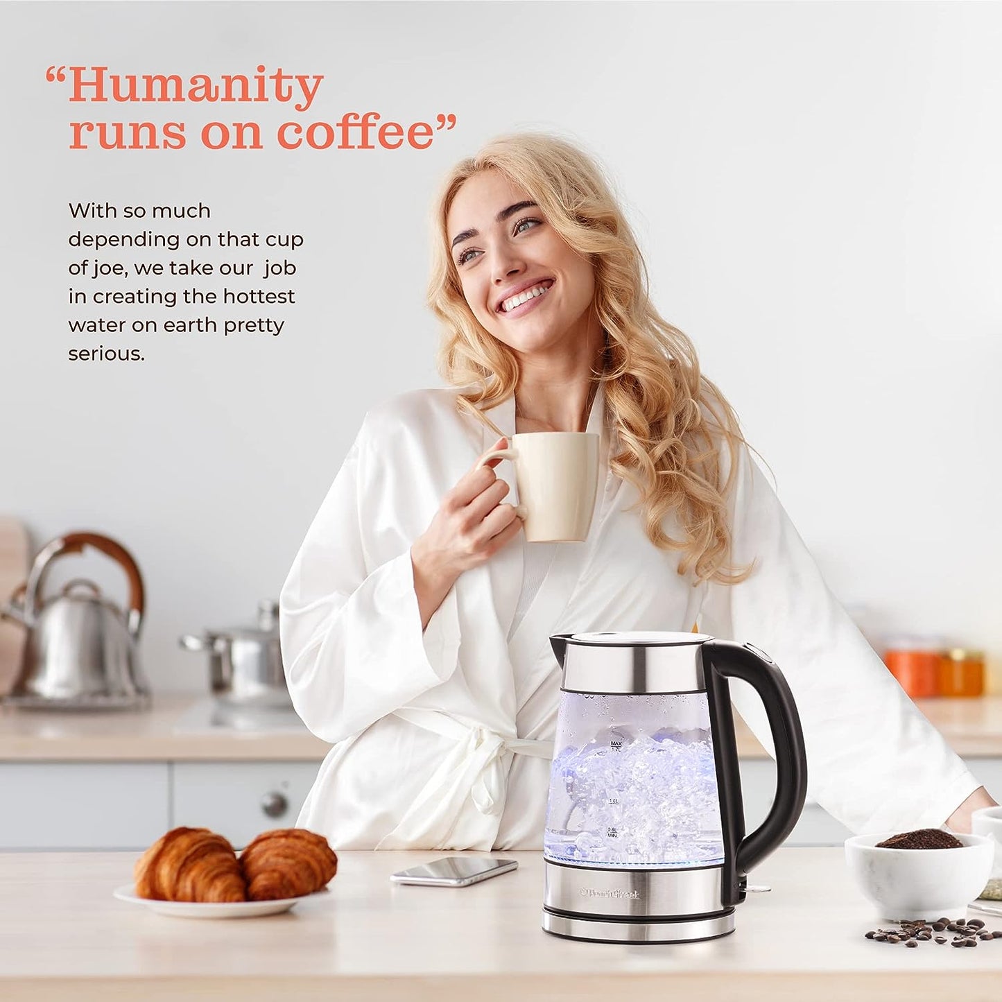 Speed-Boil Electric Kettle For Coffee & Tea - 1.7L Water Boiler 1500W, Borosilicate Glass, Easy Clean Wide Opening, Auto Shut-Off, Cool Touch Handle, LED Light. 360° Rotation, Boil Dry Protection