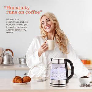 Speed-Boil Electric Kettle For Coffee & Tea - 1.7L Water Boiler 1500W, Borosilicate Glass, Easy Clean Wide Opening, Auto Shut-Off, Cool Touch Handle, LED Light. 360° Rotation, Boil Dry Protection
