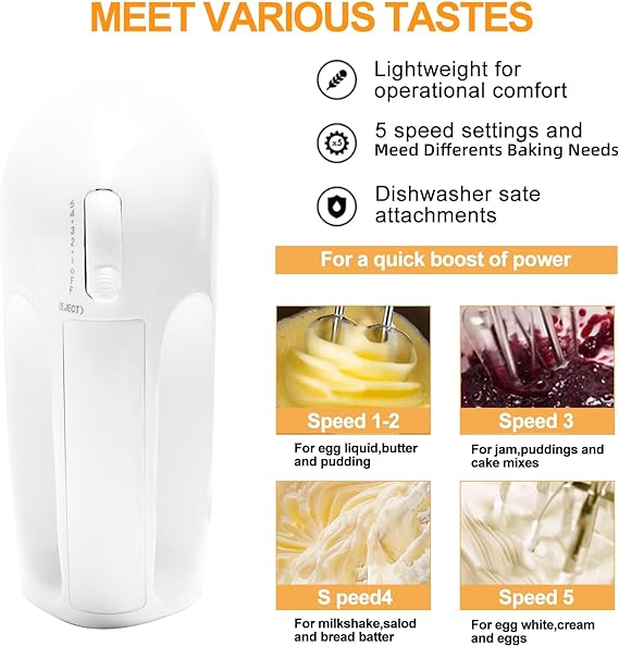 5-Speed Electric Hand Mixer, 5 Large Mixing Bowls Set, Handheld Mixers with Whisks Beater, Stainless Steel Metal Nesting Mixing Bowl Measuring Cups Spoons Kitchen Cake Blender for Prep Baking Supplies