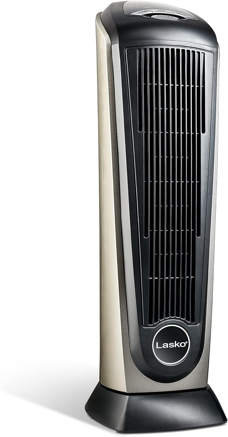 Lasko Oscillating Ceramic Tower Space Heater for Home with Adjustable Thermostat, Timer and Remote Control, 22.5 Inches, Grey/Black, 1500W, 751320