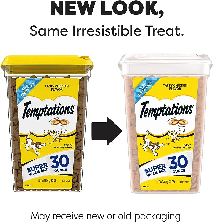 TEMPTATIONS Classic Crunchy and Soft Cat Treats Tasty Chicken Flavor, 30 oz. Tub