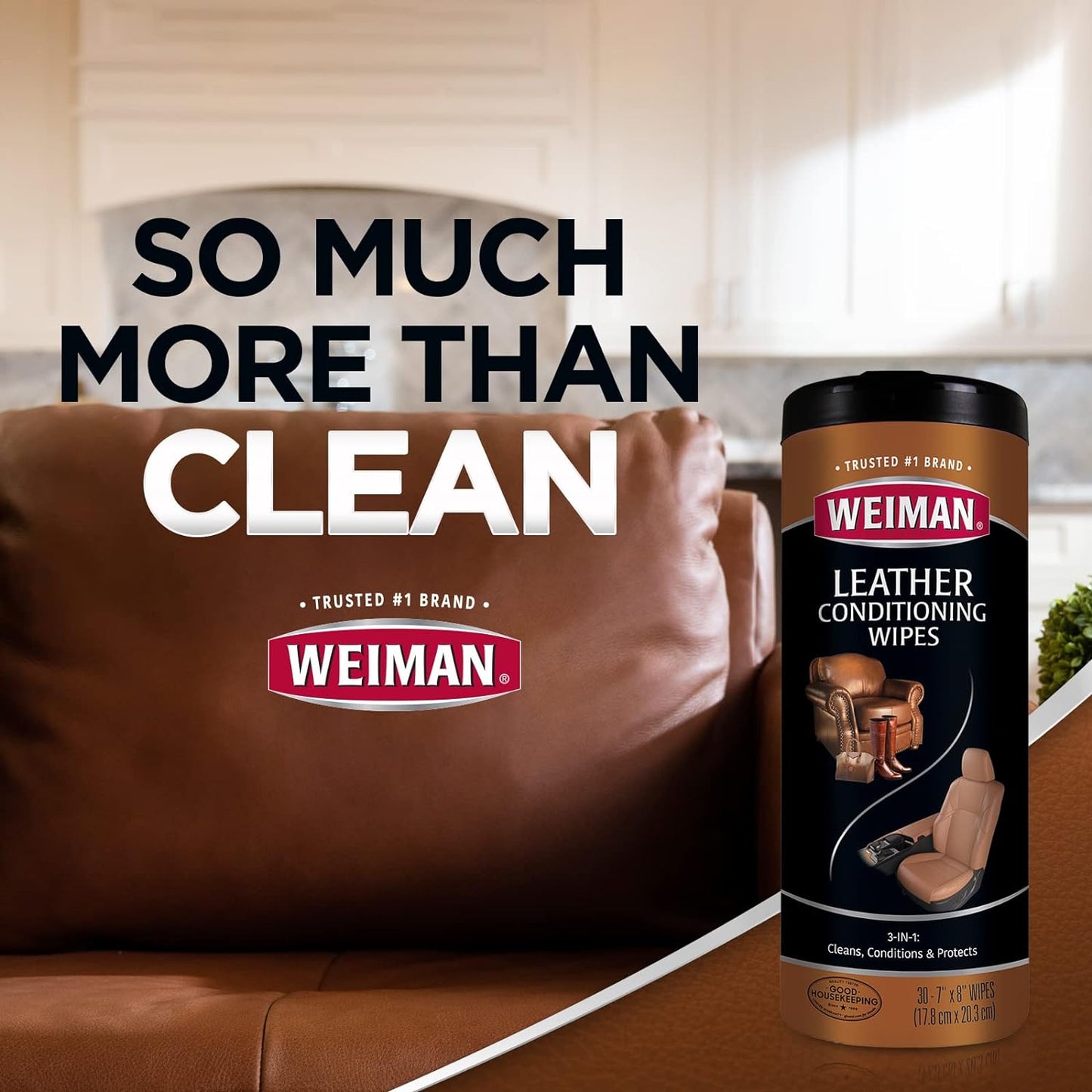 Weiman Leather Cleaner & Conditioner Wipes With UV Protection, Prevent Cracking Or Fading Of Leather Couches, Car Seats, Shoes, Purses - 30 ct
