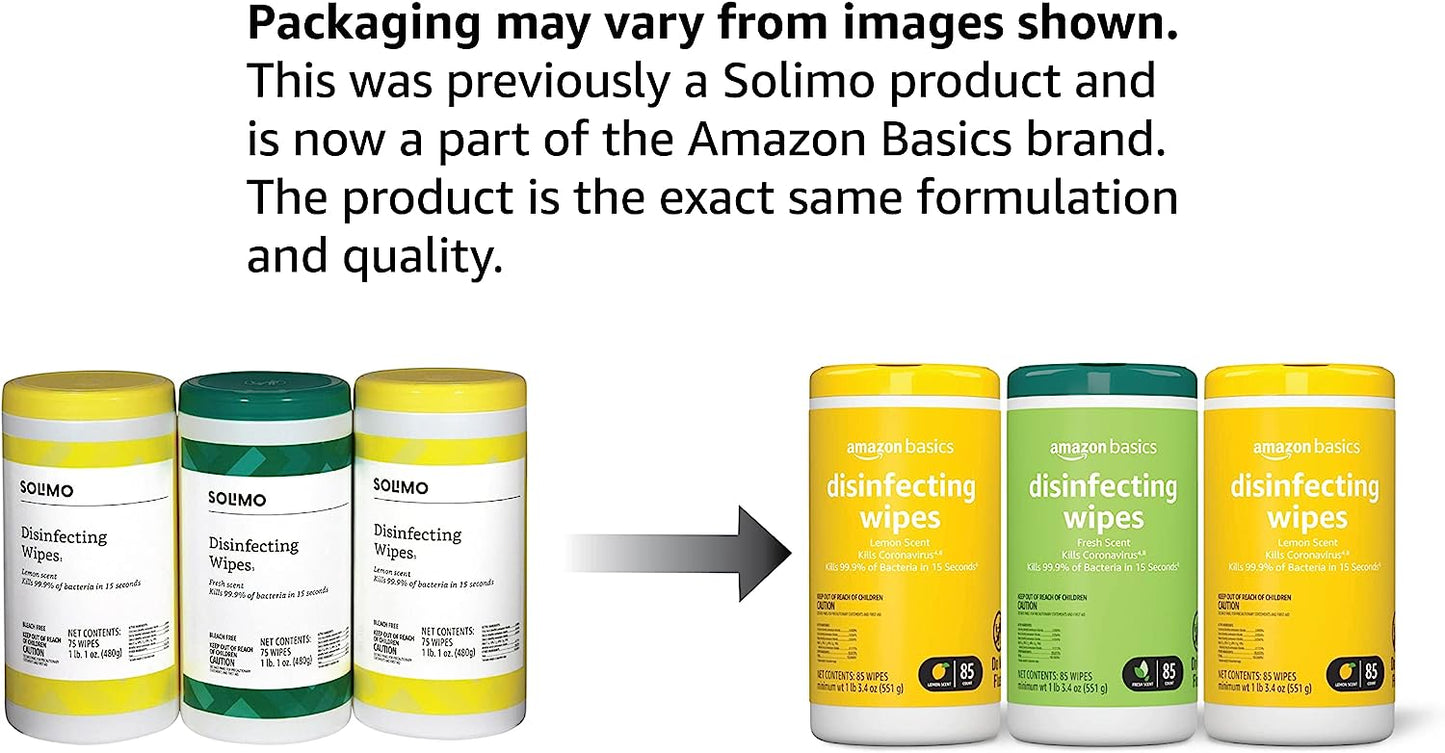 Amazon Basics Disinfecting Wipes, Lemon & Fresh Scent, Sanitizes, Cleans, Disinfects & Deodorizes, 255 Count (3 Packs of 85) (Previously Solimo) (Packaging May Vary)