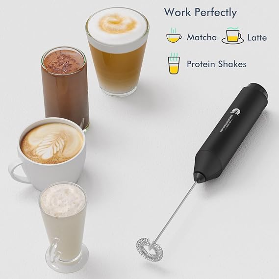Electric Milk Frother Handheld, Battery Operated Whisk Beater Foam Maker for Coffee, Cappuccino, Latte, Matcha, Hot Chocolate, Mini Drink Mixer, No Stand, Black
