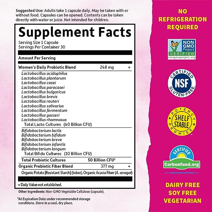 Garden of Life Once Daily Dr. Formulated Probiotics for Women 50 Billion CFU 16 Probiotic Strains with Organic Prebiotics for Digestive, Vaginal & Immune Health, Dairy Free, Shelf Stable 30 Capsules
