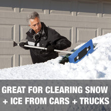 Load image into Gallery viewer, Snow Joe SJBLZD-LED 4-In-1 Telescoping Snow Broom + Ice Scraper, 18-Inch Foam Head, Headlights, Blue