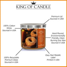 Load image into Gallery viewer, Warm Apple Cider Donut + Cinnamon Sugar | Strong, Large 3 Wick Candle for Winter | Clean Burning, Long Lasting, Highly Scented, Non Toxic Soy Wax | Unique Food Candles for Kitchen Decor | Big 14oz Jar