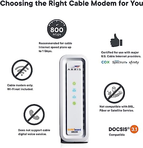 ARRIS SURFboard SB8200 DOCSIS 3.1 Cable Modem , Approved for Comcast Xfinity, Cox, Charter Spectrum, & more , Two 1 Gbps Ports , 1 Gbps Max Internet Speeds , 4 OFDM Channels