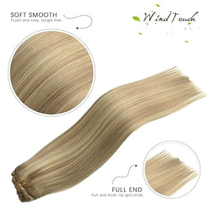 WindTouch Clip in Hair Extensions Human Hair Balayage Mixed Bleach Blonde 15Inch 70g Highlights for Blonde Remy Hair 7PCS #18P613 Gift for Women