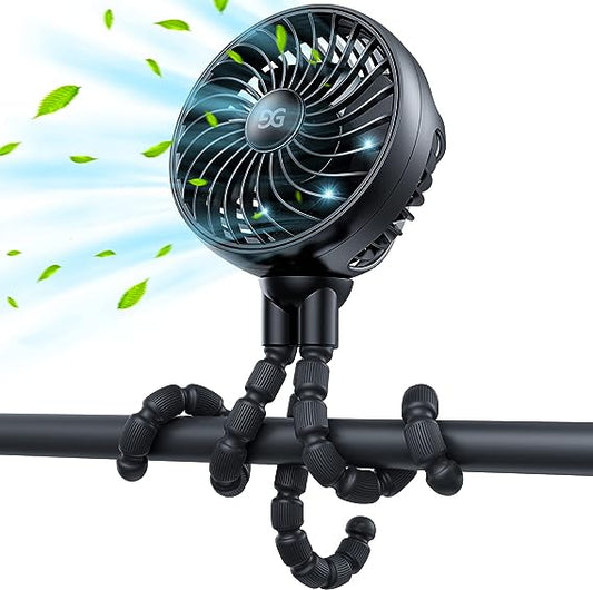 GUSGU Stroller Fan Battery Operated, Small Portable Fan with Mesh Cover for Baby, USB Rechargeable and Handheld Cooling Fan with Flexible Tripod Clip-on for Travel, Car Seat, Camping, and Bedroom