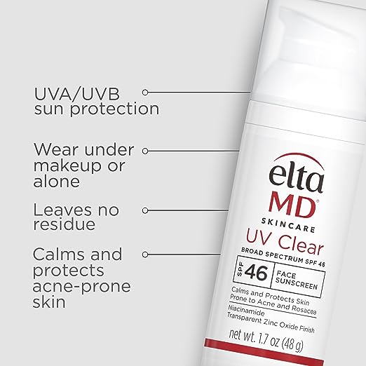 EltaMD UV Clear Face Sunscreen, SPF 46 Oil Free Sunscreen with Zinc Oxide, Protects and Calms Sensitive Skin and Acne-Prone Skin, Lightweight, Silky, Dermatologist Recommended, 1.7 oz Pump