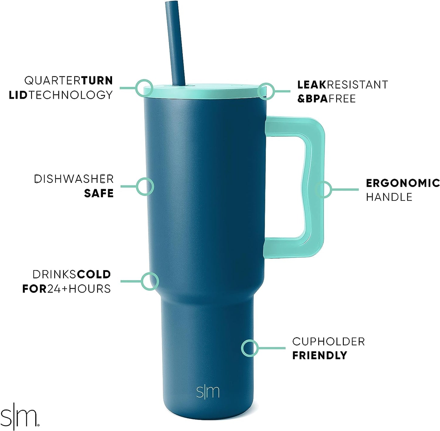 Simple Modern 40 oz Tumbler with Handle and Straw Lid | Insulated Reusable Stainless Steel Water Bottle Travel Mug Cupholder Use | Gifts for Women Men Him Her | Trek Collection | 40oz | Blue Lagoon