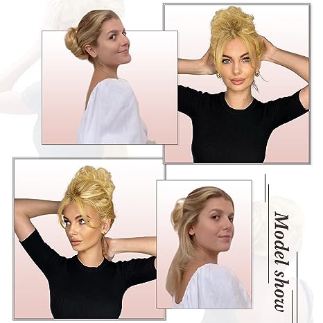 Claw Clip Messy Bun Hair Piece 100% Real Human Hair Buns Curly Chignon Hair Bun Extensions Wavy Tousled Updo Hair Buns Claw Clip Ponytail Hairpieces Hair Scrunchie with Clip for Women（Dark Brown with Light Golden Brown）