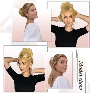 Claw Clip Messy Bun Hair Piece 100% Real Human Hair Buns Curly Chignon Hair Bun Extensions Wavy Tousled Updo Hair Buns Claw Clip Ponytail Hairpieces Hair Scrunchie with Clip for Women（Dark Brown with Light Golden Brown）