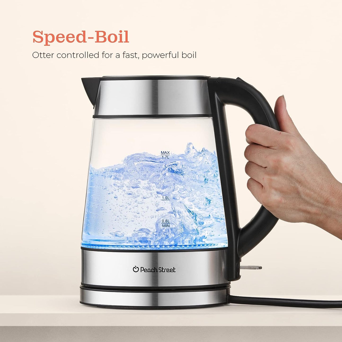 Speed-Boil Electric Kettle For Coffee & Tea - 1.7L Water Boiler 1500W, Borosilicate Glass, Easy Clean Wide Opening, Auto Shut-Off, Cool Touch Handle, LED Light. 360° Rotation, Boil Dry Protection