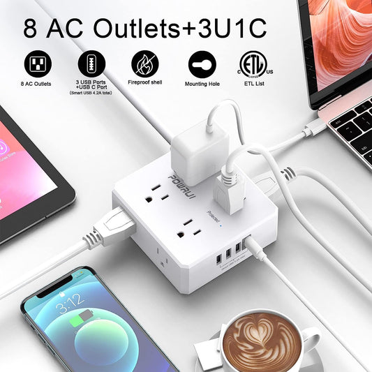 Surge Protector Power Strip - 6 Ft Flat Plug Extension Cord with 8 Widely Outlets and 4 USB Ports(1 USB C), 3 Side Outlet Extender for Home Office, White, ETL Listed