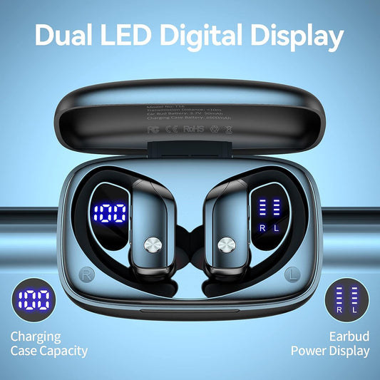 Wireless Earbuds Bluetooth Headphones 48hrs Play Back Sport Earphones with LED Display Over-Ear Buds with Earhooks Built-in Mic Headset for Workout Black BMANI-VEAT00L