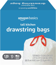 Load image into Gallery viewer, Amazon Basics Tall Kitchen Drawstring Trash Bags, 13 Gallon, Unscented, 120 Count (Previously Solimo)