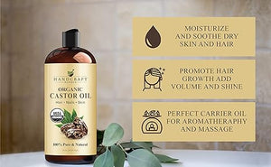 Handcraft Organic Castor Oil for Hair Growth, Eyelashes and Eyebrows - 100% Pure and Natural Carrier Oil, Hair Oil and Body Oil - Moisturizing Massage Oil for Aromatherapy - 16 fl. Oz