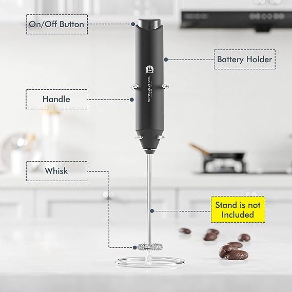 Electric Milk Frother Handheld, Battery Operated Whisk Beater Foam Maker for Coffee, Cappuccino, Latte, Matcha, Hot Chocolate, Mini Drink Mixer, No Stand, Black