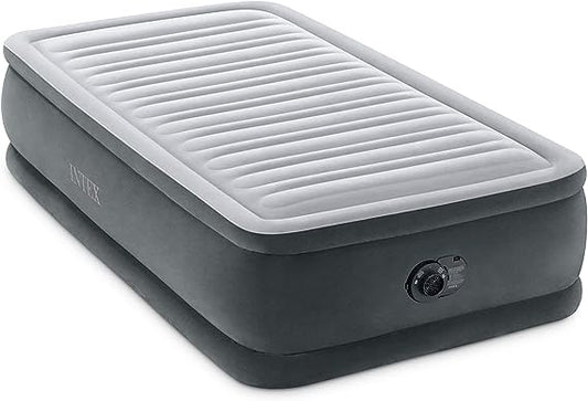 INTEX 64411ED Dura-Beam Deluxe Comfort-Plush Elevated Air Mattress: Fiber-Tech – Twin Size – Built-in Electric Pump – 18in Bed Height – 300lb Weight Capacity, Grey