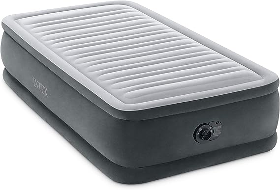 INTEX 64411ED Dura-Beam Deluxe Comfort-Plush Elevated Air Mattress: Fiber-Tech – Twin Size – Built-in Electric Pump – 18in Bed Height – 300lb Weight Capacity, Grey