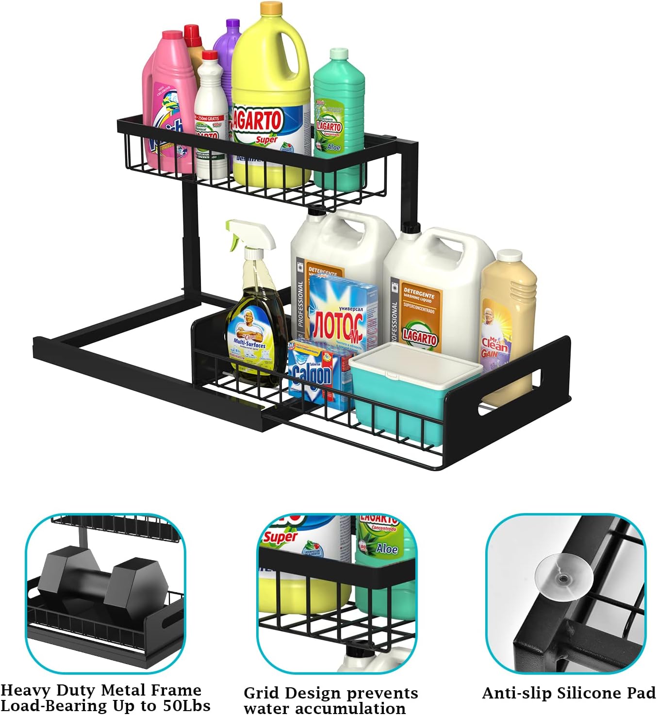 REALINN Under Sink Organizer and Storage, 2 Pack Pull Out Cabinet Organizer Slide Out Sink Shelf Cabinet Storage Shelves, Under Sink Storage for Kitchen Bathroom Cabinet