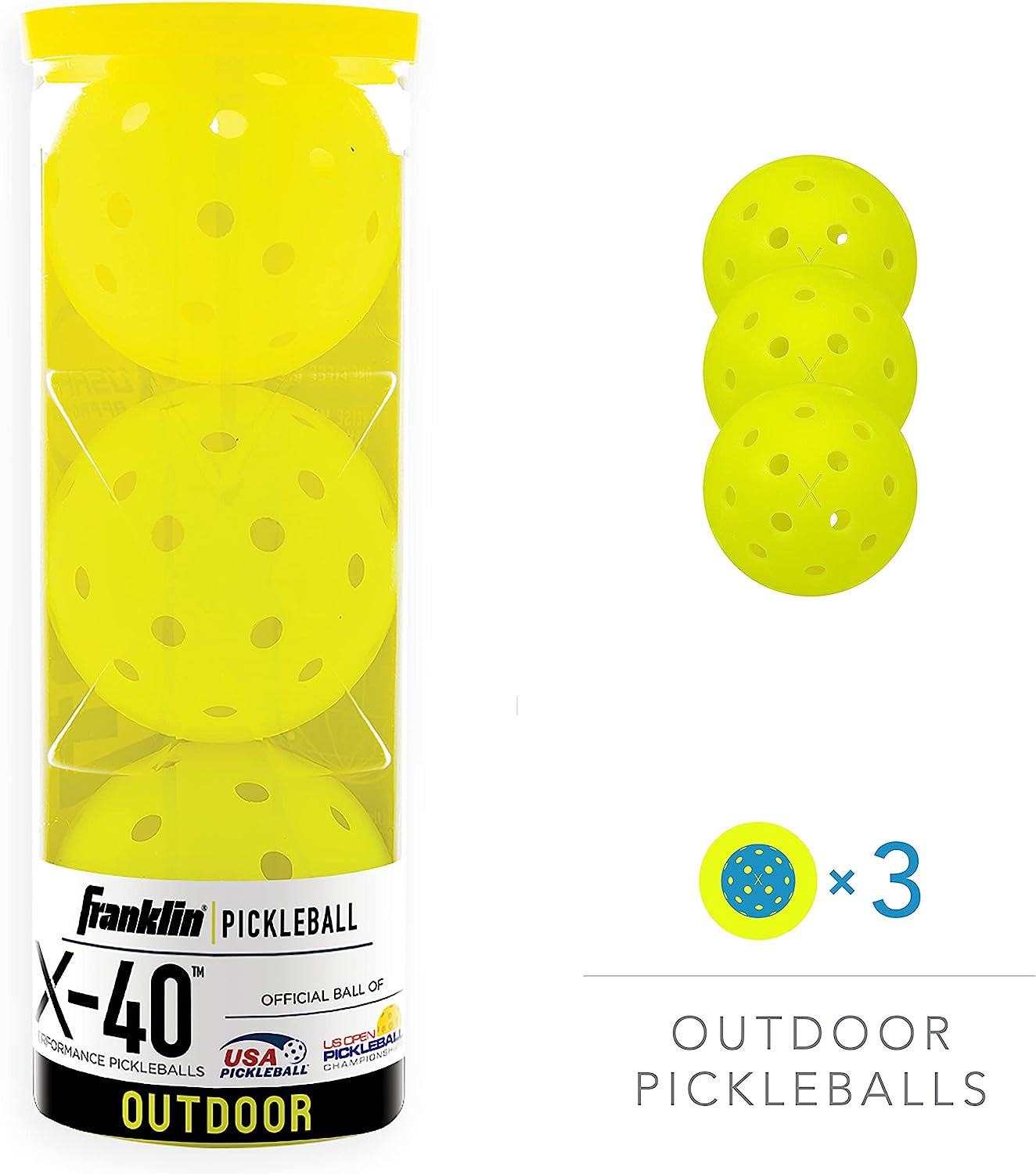 Franklin Sports Outdoor Pickleballs - X-40 Pickleball Balls - USA Pickleball (USAPA) Approved - Official US Open Ball - 3 Packs, 12 Packs, 36 Pickleball Buckets, 100 + 400 Bulk Packs of Pickleballs