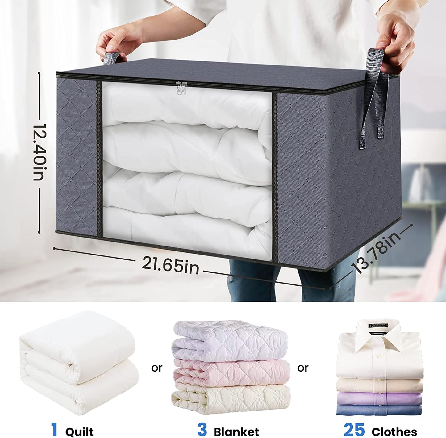 Fab totes 6 Pack Clothes Storage, Foldable Blanket Storage Bags, Storage Containers for Organizing Bedroom, Closet, Clothing, Comforter, Organization and Storage with Lids and Handle, Grey