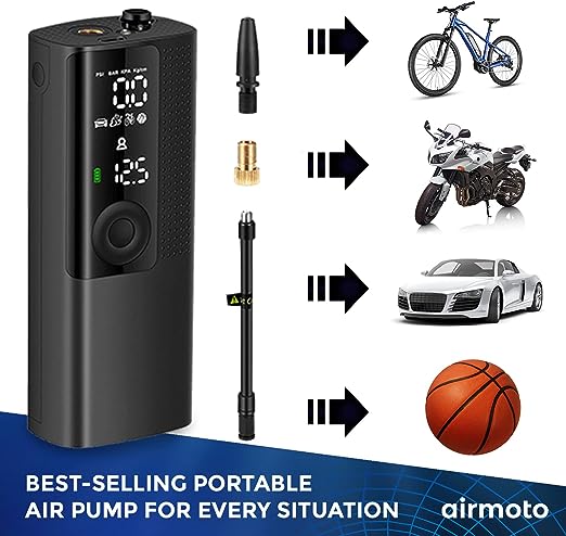 Airmoto Tire Inflator Portable Air Compressor - Air Pump for Car Tires w/Digital Tire Pressure Gauge - Air Compressor for Car (120 PSI) - Motorcycle, Electric Bike Pump and Bicycle Pump w/LED Light