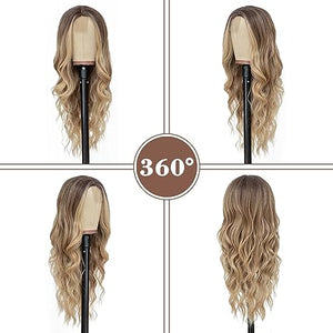 NAYOO Long Ombre Blonde Wavy Wig for Women 26 Inch Middle Part Curly Wavy Wig Natural Looking Synthetic Heat Resistant Fiber Wig for Daily Party Use (Ombre Blonde)