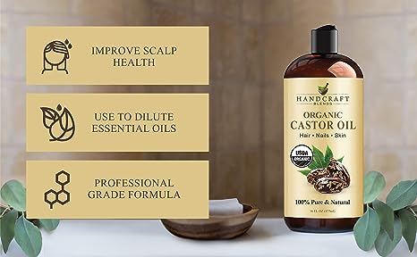 Handcraft Organic Castor Oil for Hair Growth, Eyelashes and Eyebrows - 100% Pure and Natural Carrier Oil, Hair Oil and Body Oil - Moisturizing Massage Oil for Aromatherapy - 16 fl. Oz