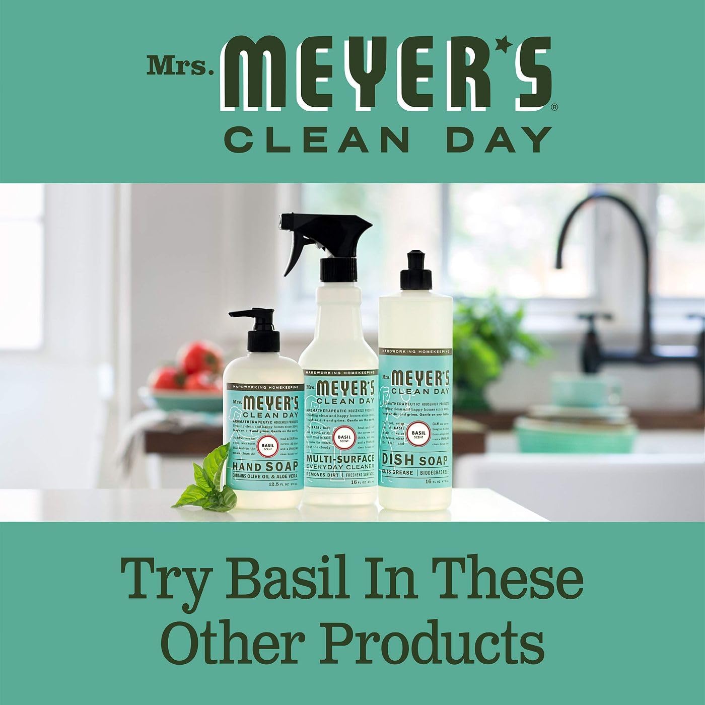 Mrs. Meyer's Hand Soap Refill, Made with Essential Oils, Biodegradable Formula, Basil, 33 fl. oz