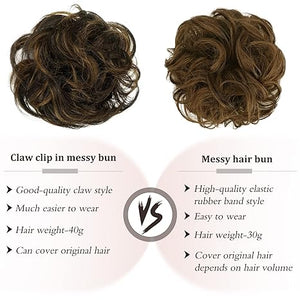 Claw Clip Messy Bun Hair Piece 100% Real Human Hair Buns Curly Chignon Hair Bun Extensions Wavy Tousled Updo Hair Buns Claw Clip Ponytail Hairpieces Hair Scrunchie with Clip for Women（Dark Brown with Light Golden Brown）