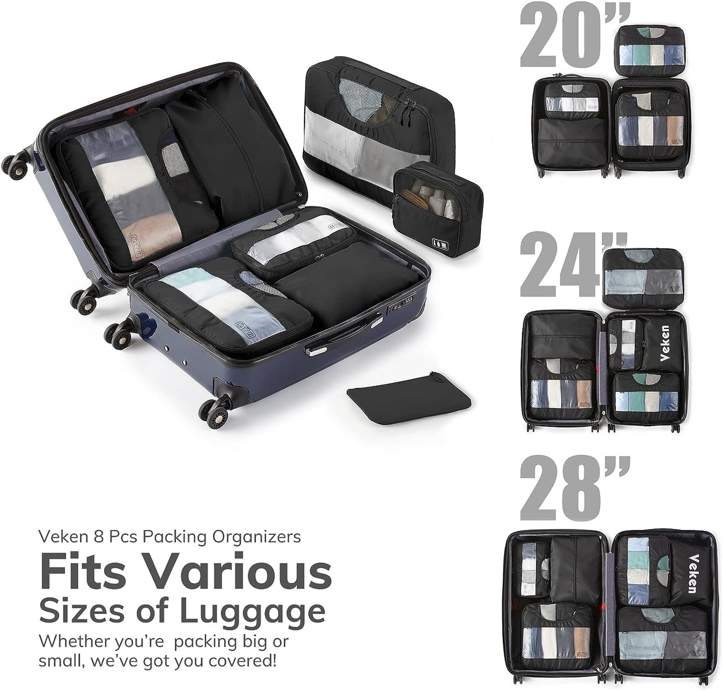 Veken 8 Set Packing Cubes for Suitcases, Travel Essentials for Carry on, Luggage Organizer Bags Set for Travel Accessories in 4 Sizes (Extra Large, Large, Medium, Small), Black