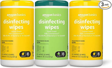 Amazon Basics Disinfecting Wipes, Lemon & Fresh Scent, Sanitizes, Cleans, Disinfects & Deodorizes, 255 Count (3 Packs of 85) (Previously Solimo) (Packaging May Vary)