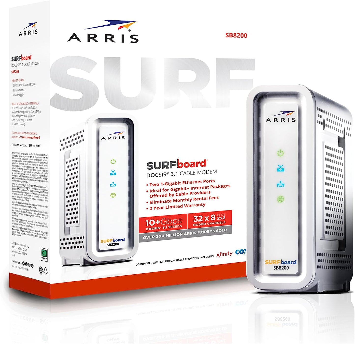 ARRIS SURFboard SB8200 DOCSIS 3.1 Cable Modem , Approved for Comcast Xfinity, Cox, Charter Spectrum, & more , Two 1 Gbps Ports , 1 Gbps Max Internet Speeds , 4 OFDM Channels