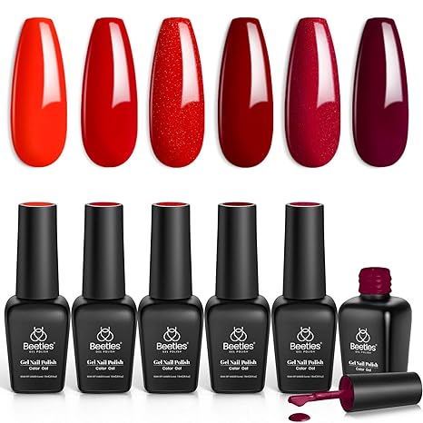 Beetles Red Gel Nail Polish Set - 6 Colors Bloody Mary Collection Popular Shimmer Burgundy Kit Holiday Art Design, Soak Off LED Minicure DIY Home